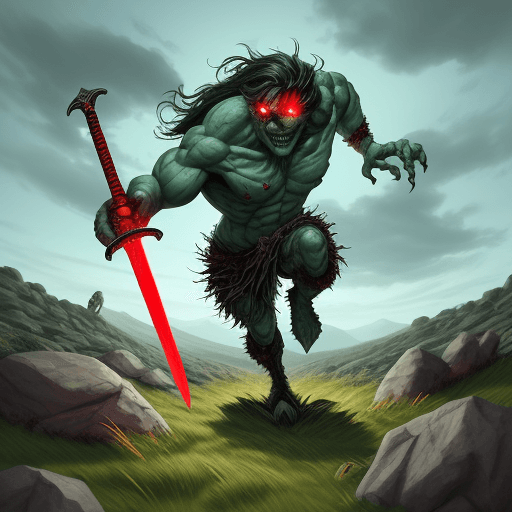 AI generated: living rock monster. 
red eye and rock like lags, sword in right hand 3 fingers, sheld in left hand ...