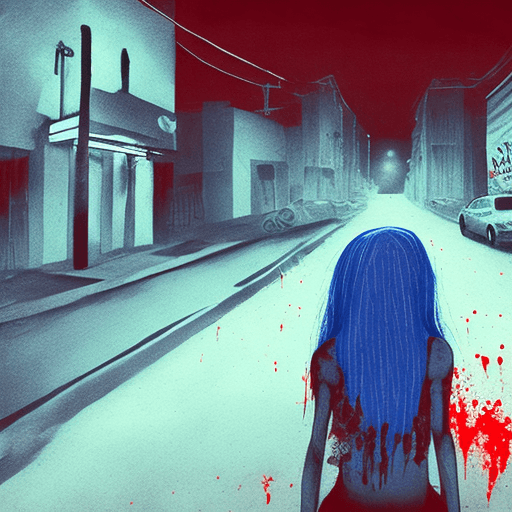 AI generated: Ghost girl, bloody clothes, middle of the street, latina girl, late at night, distance shot, horror,...