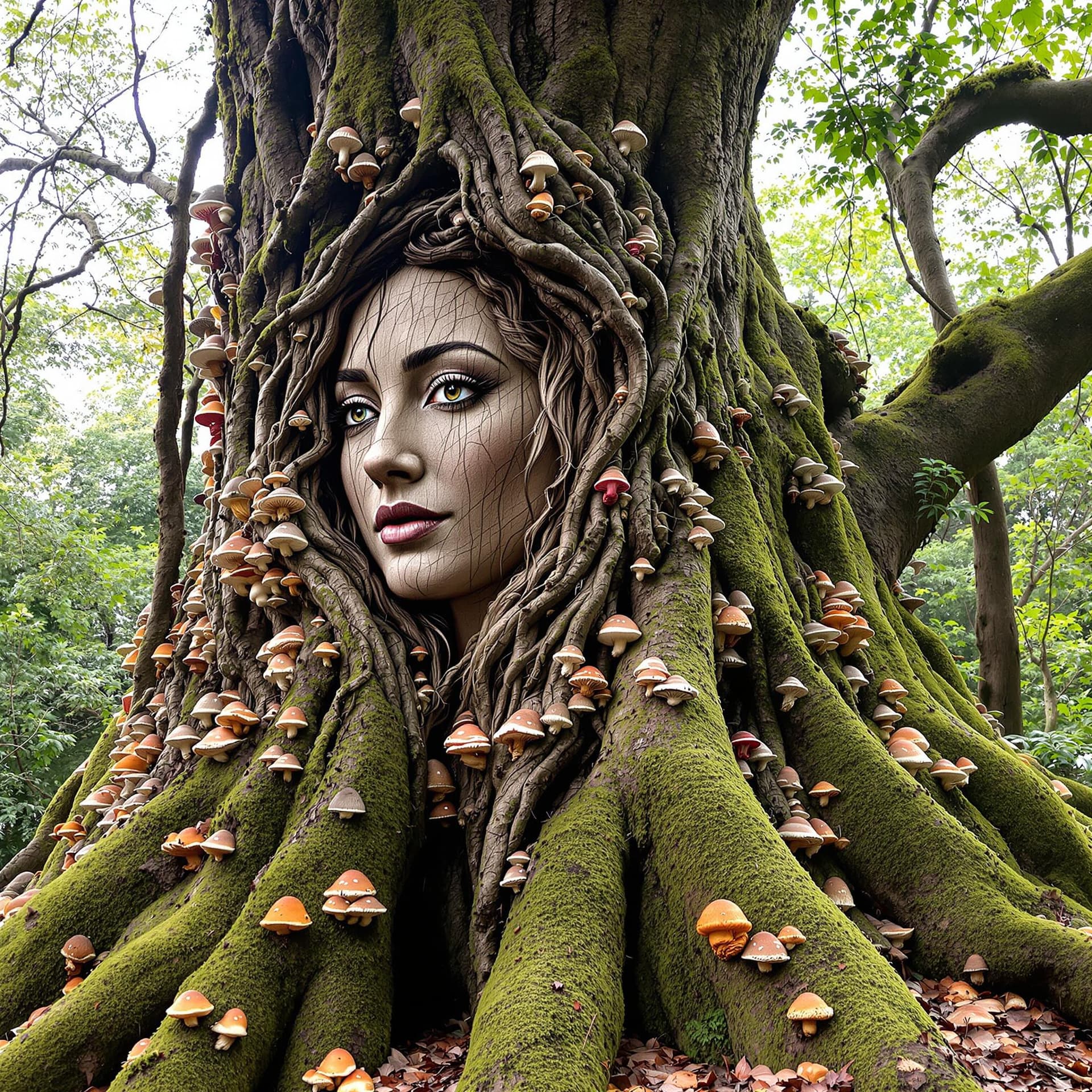 AI generated: The image features a tree with a woman's face carved into it. The tree trunk has a woman's face on o...