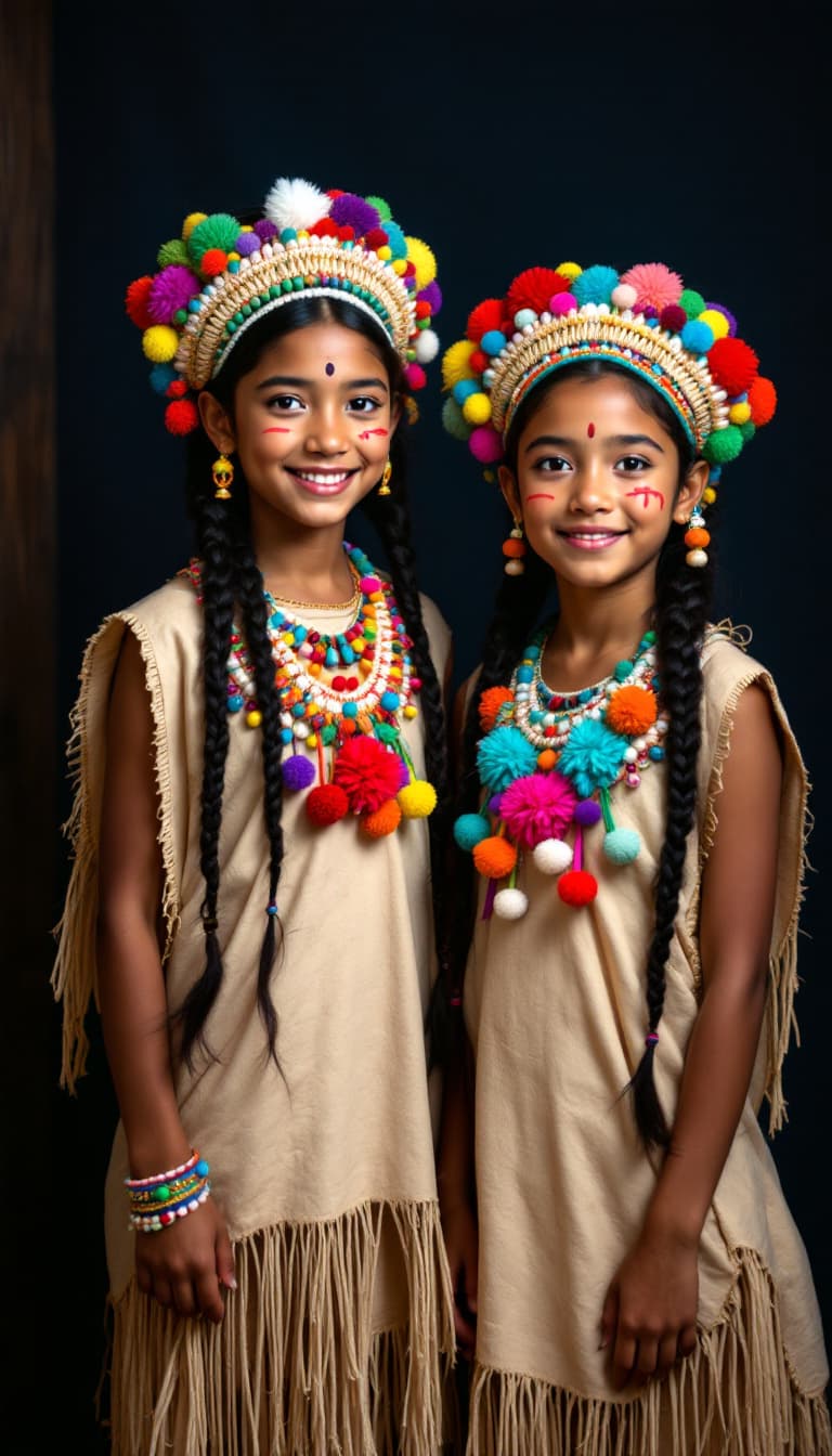 AI generated: Two young girls, likely Indigenous South American,  circa 12-14 years old,  are dressed in elaborate...