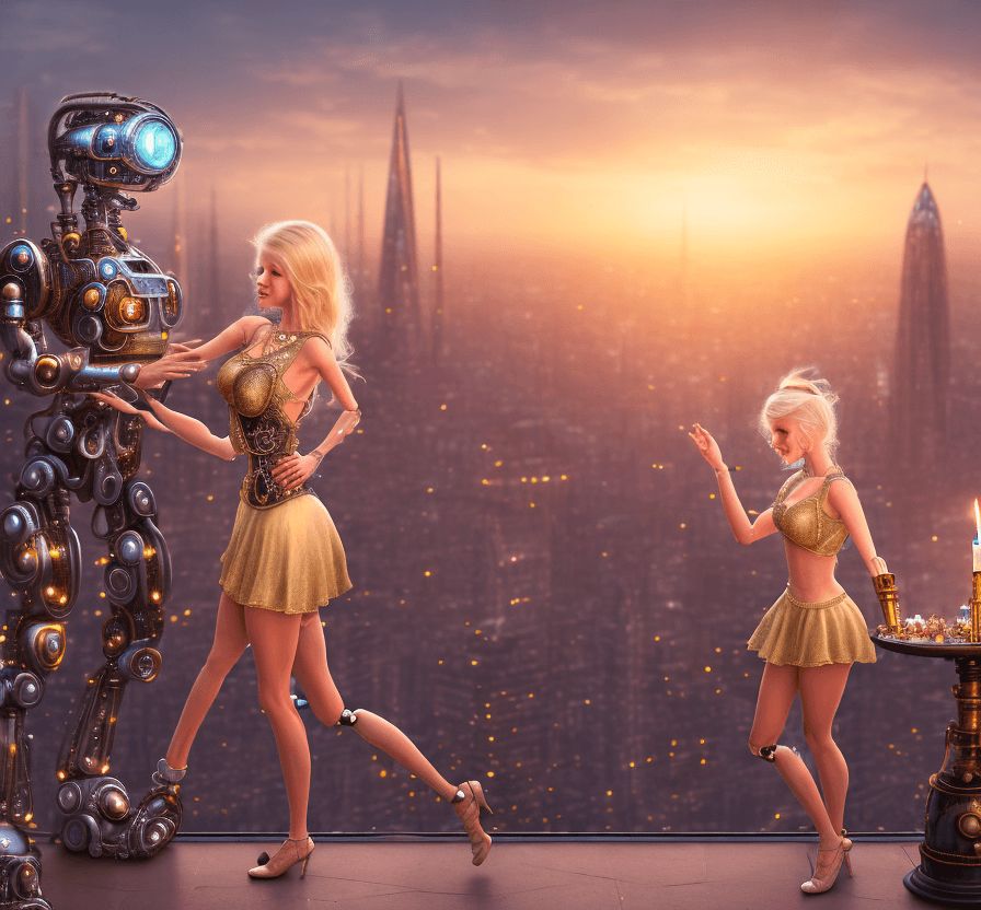 AI generated: a cute blonde is wearing a   party dress. She is dancing on a romantic terrace at sunset. with a   s...