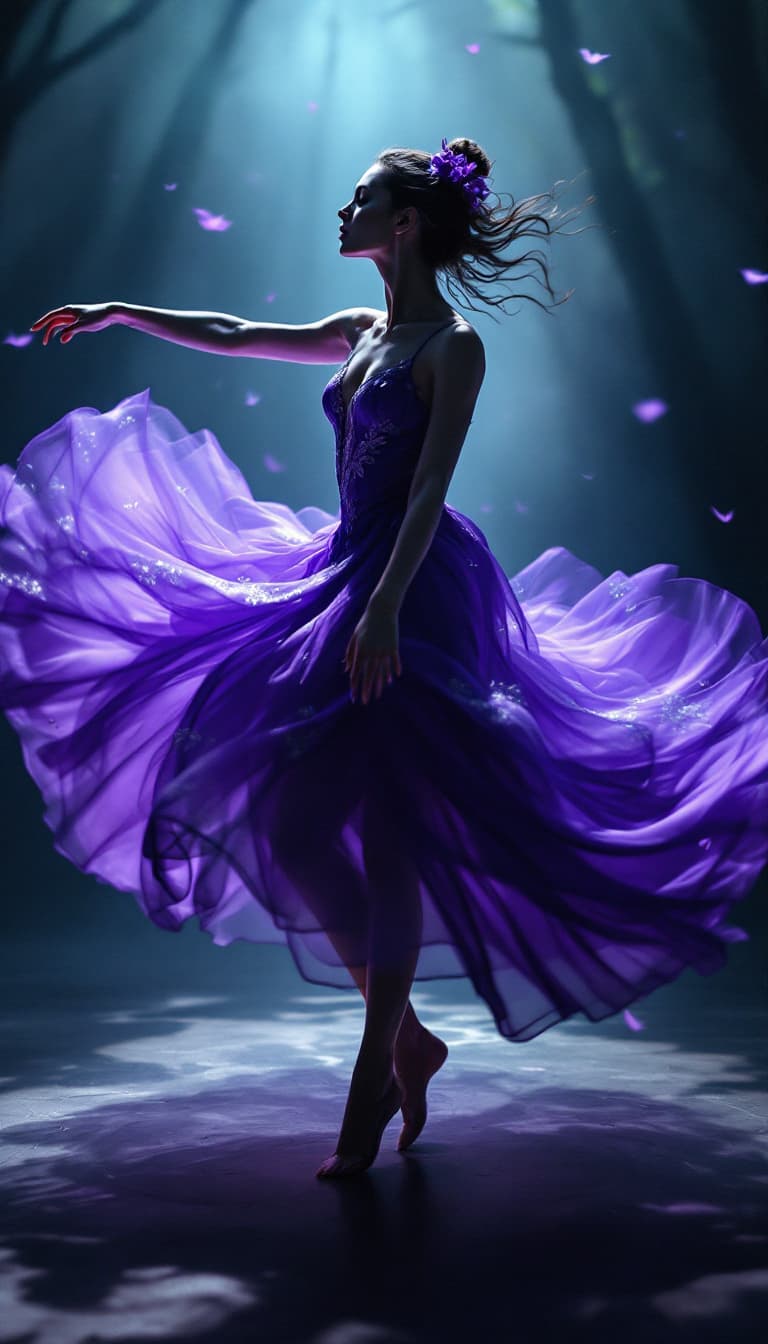 AI generated: "Violet Vortex: A Dance of Mystery": A live-action film sequence captures a female dancer, framed at...