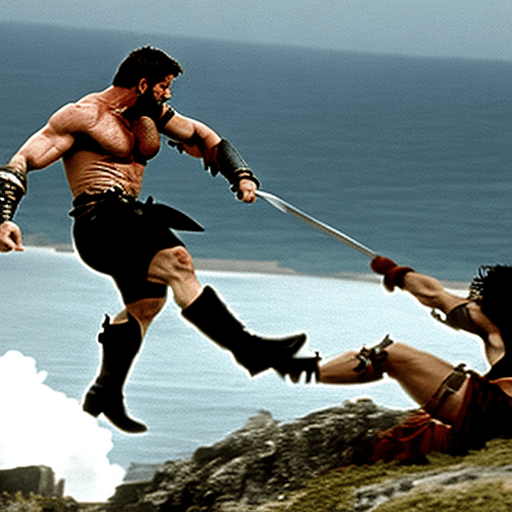 AI generated: Gerard butler as Leonidas I  kicking greta thundberg from a cliff ,violence, blood,brutal mentality 
