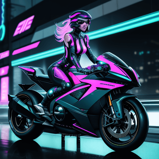 AI generated: Electrifying scene captures a stunning woman astride a futuristic race motorcycle, its sleek frame b...