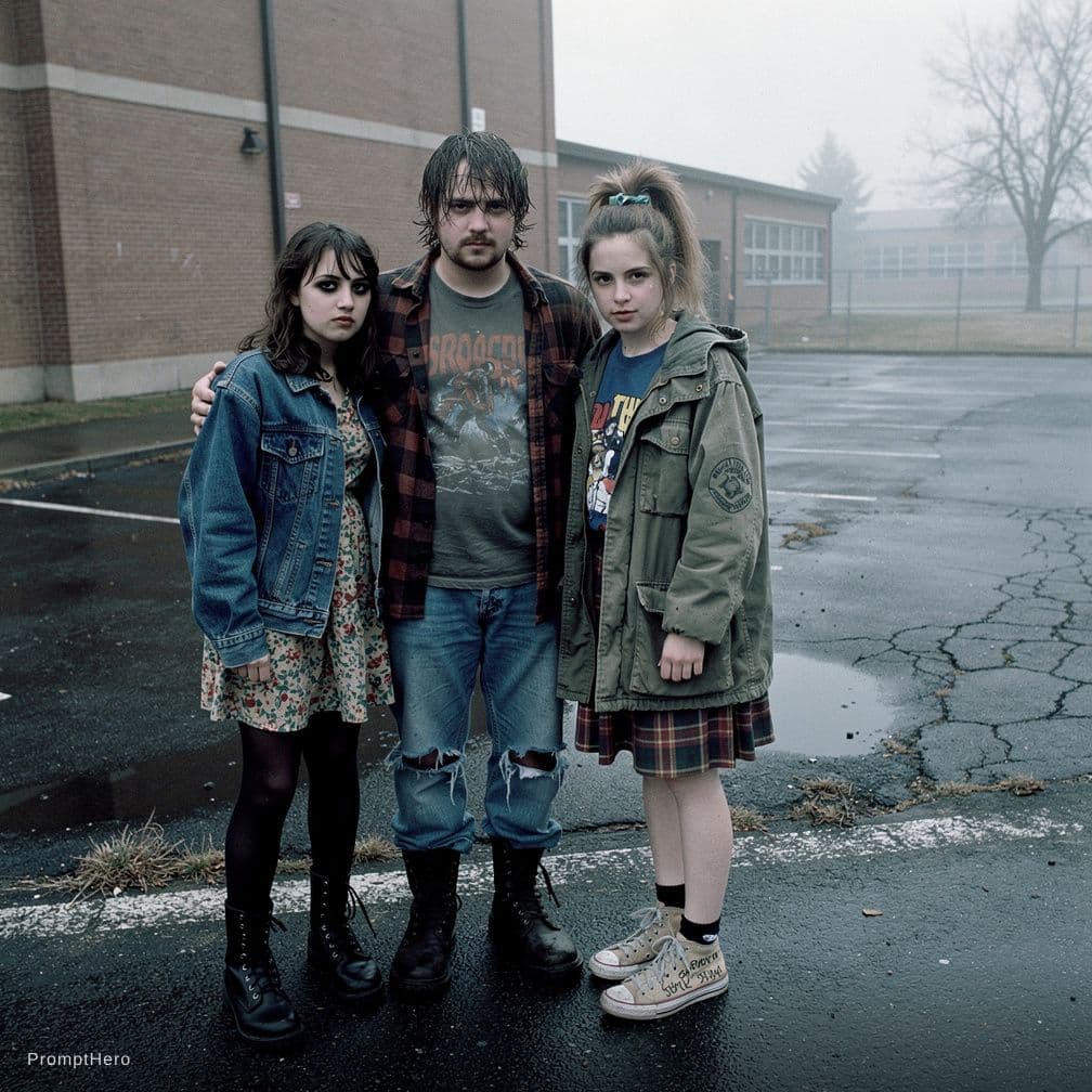 AI generated:  A moody, suspenseful shot of three teenagers standing together at the edge of a vocational school c...