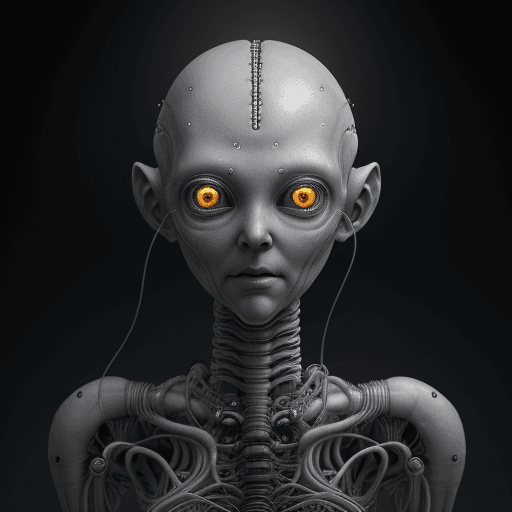 AI generated: 
intricate grey alien with a dozen tubes and wires and machine parts attached to its head, it has mi...