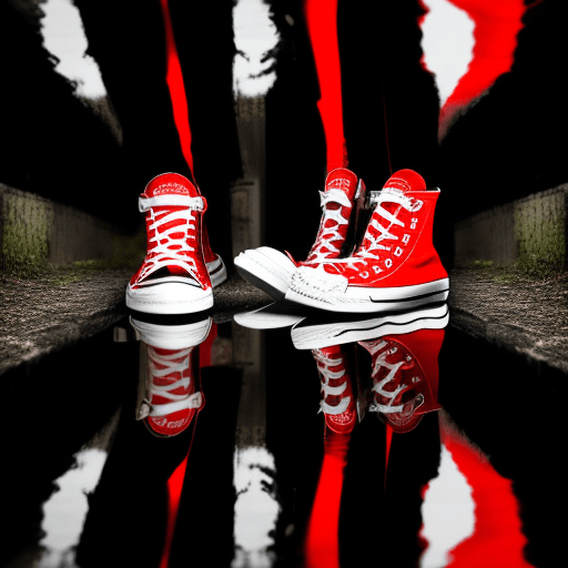 AI generated: photograph, productive, converse red shoes, camouflage pattern, black, spectacular reflection, neon