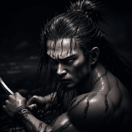 AI generated: a samurai close up of samurai warrior emerging from wet black mud - bright metal blade with a bright...