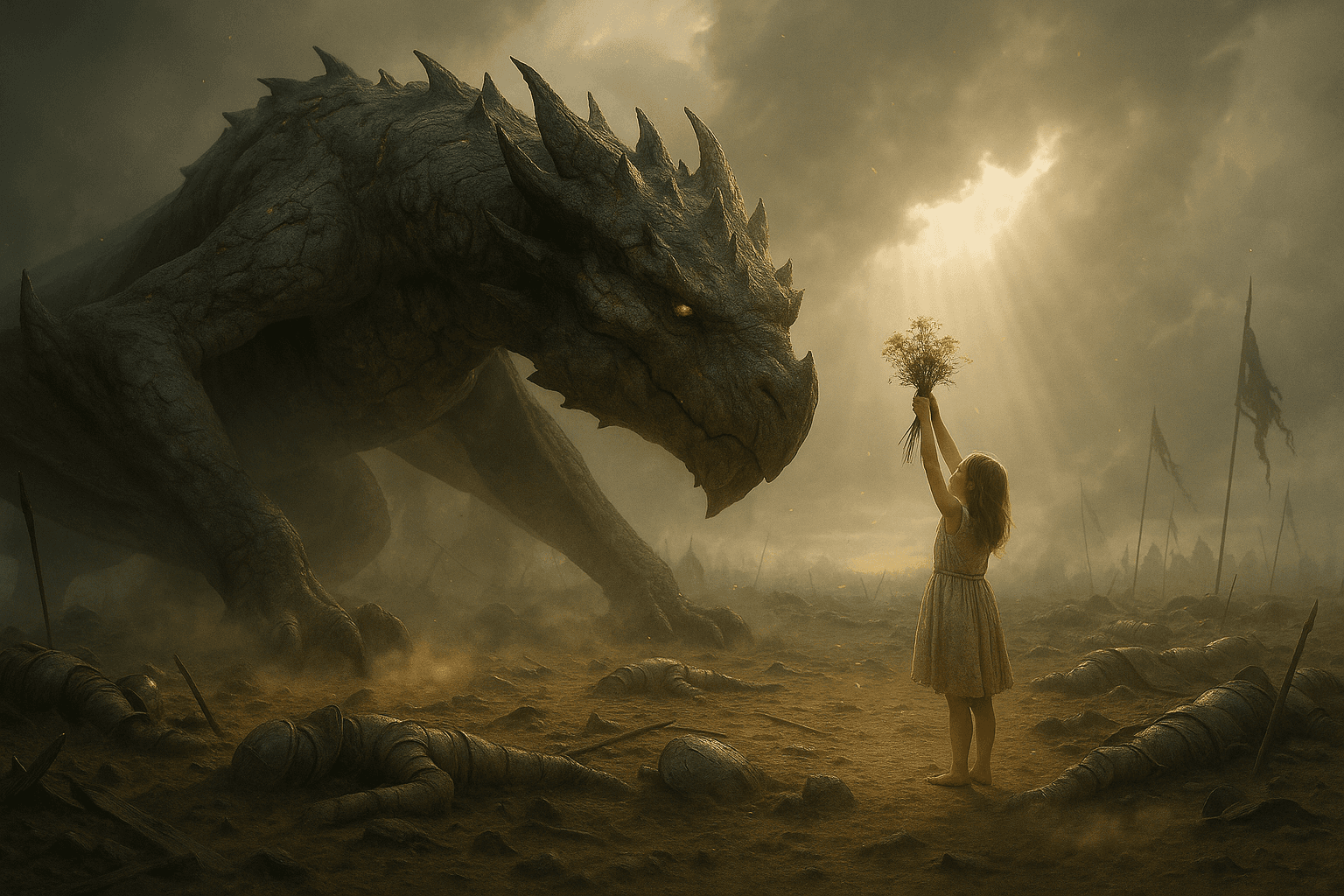 AI generated: Photorealistic cinematic fantasy image of an ancient dragon looming over a battlefield of fallen sol...