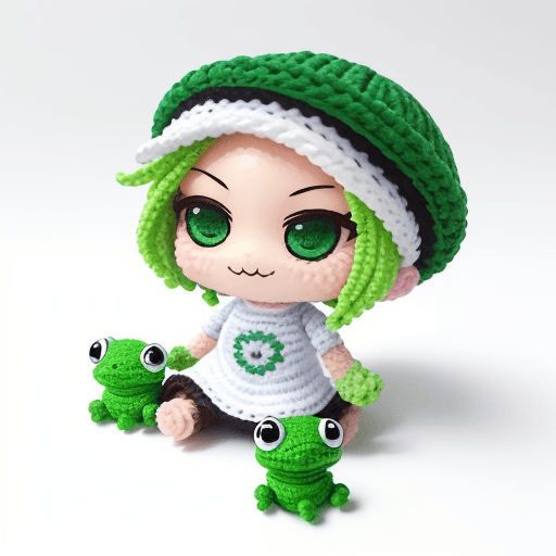 AI generated:  handmade diy caractor colecttion Nendoroid style (Amigurumi chibi green and rainbow frog, dynamic c...