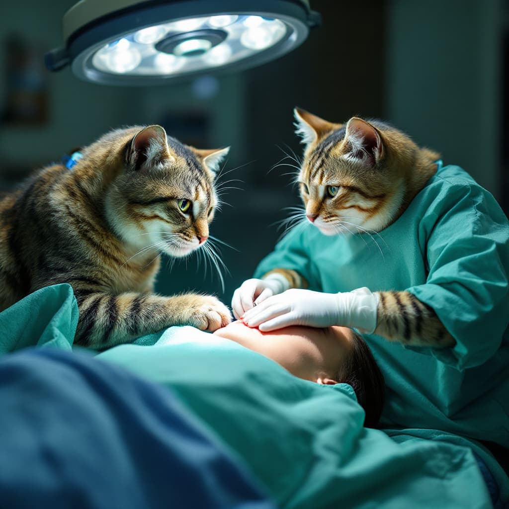 AI generated: Cats performing surgery on humans.