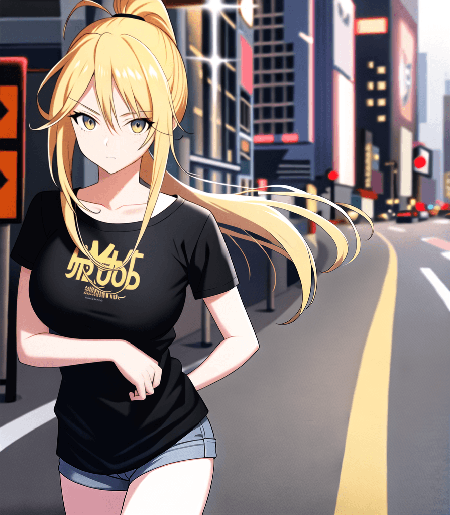 AI generated: (perfect anime illustration), 1girl, ponytail, ahoge, long blonde hair, huge breasts, cityscape, cit...