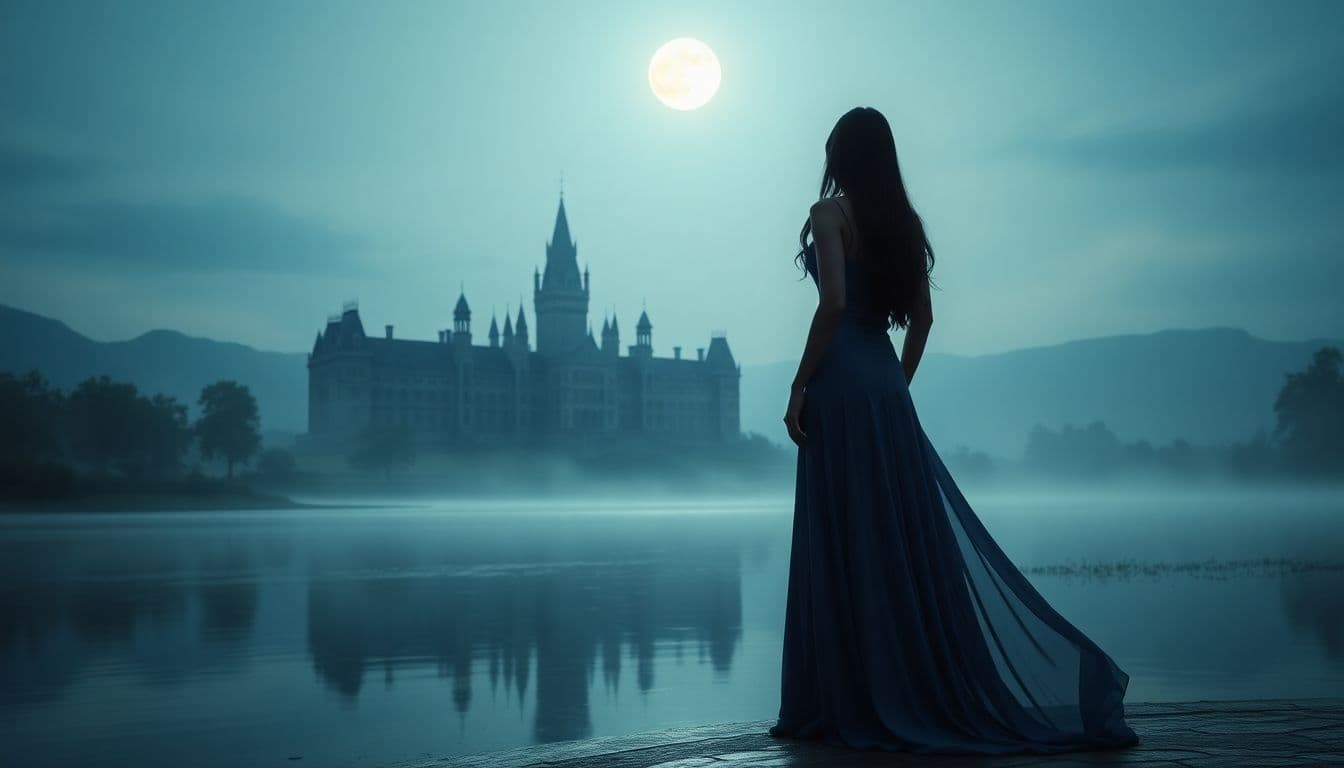 AI generated: a woman in a flowing gown standing on a misty lake in front of a large castle and full moon. Long da...
