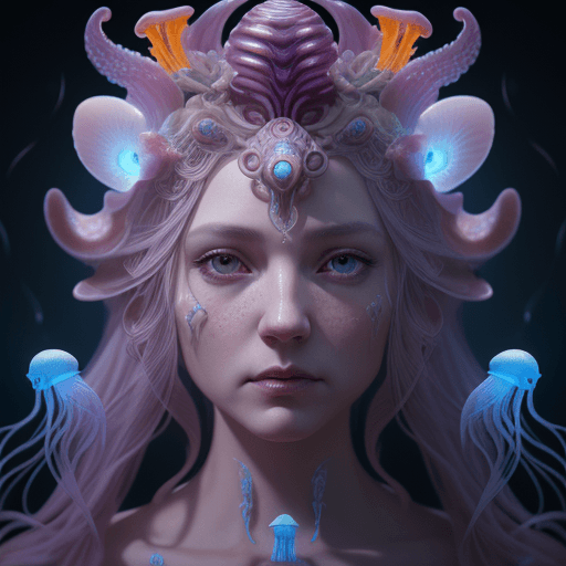 AI generated: Goddess close-up portrait ribcagel. jellyfish phoenix head, nautilus, orchid, skull, betta fish, bio...