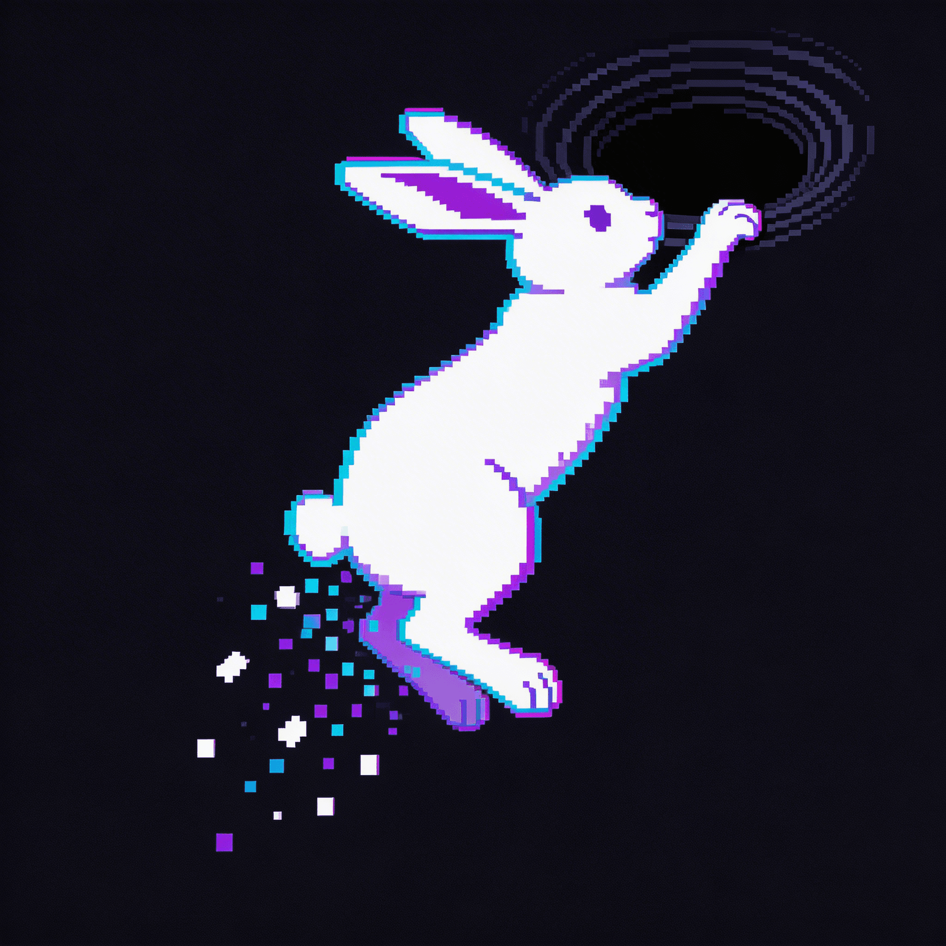 AI generated: white rabbit silhouette escaping from dark vortex hole, pixel art glitch aesthetic, cyberpunk fragme...