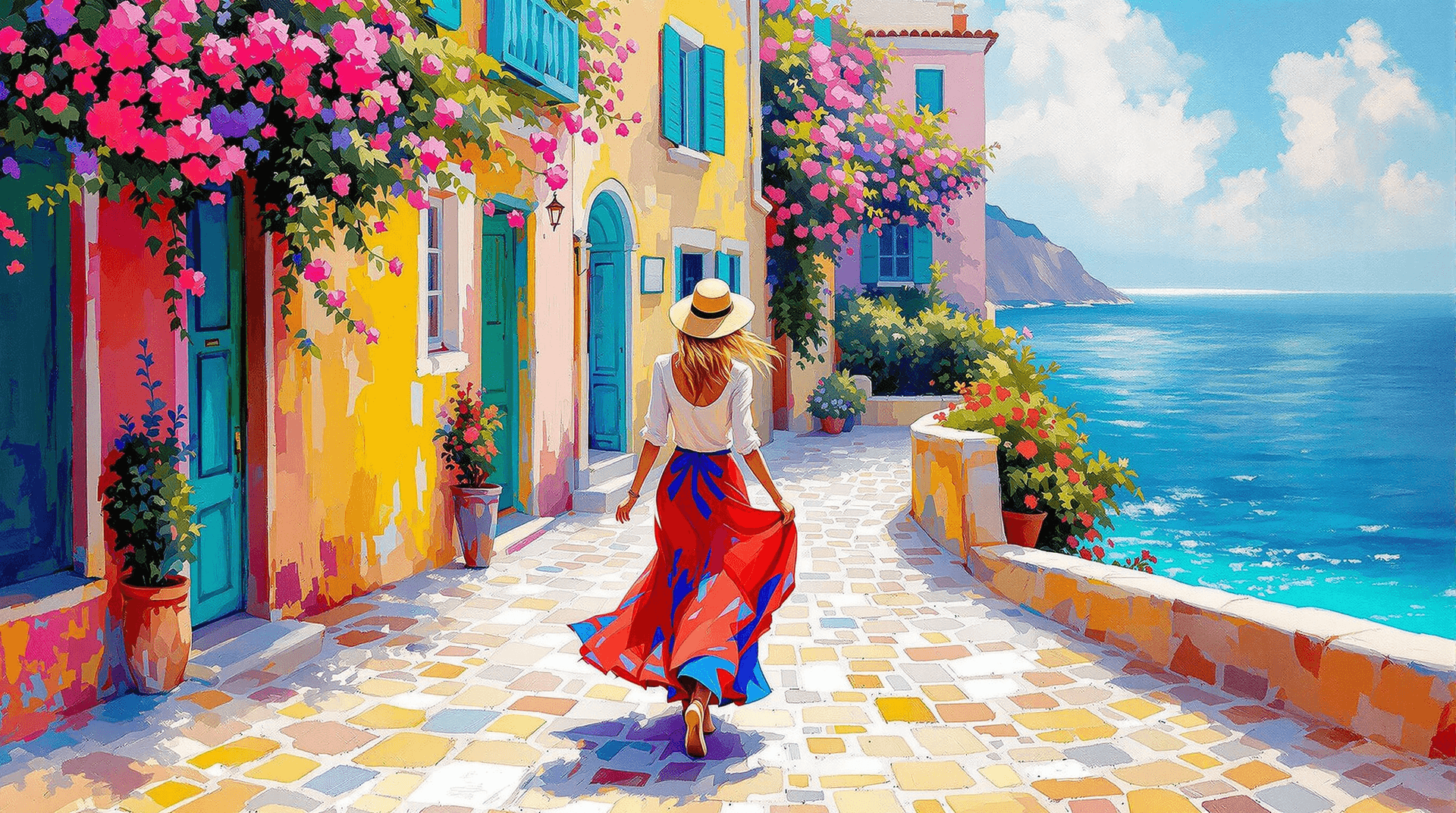 AI generated: Vibrant award winning and elegant oil on canvas portrayal of a carefree woman walking elegantly, in ...