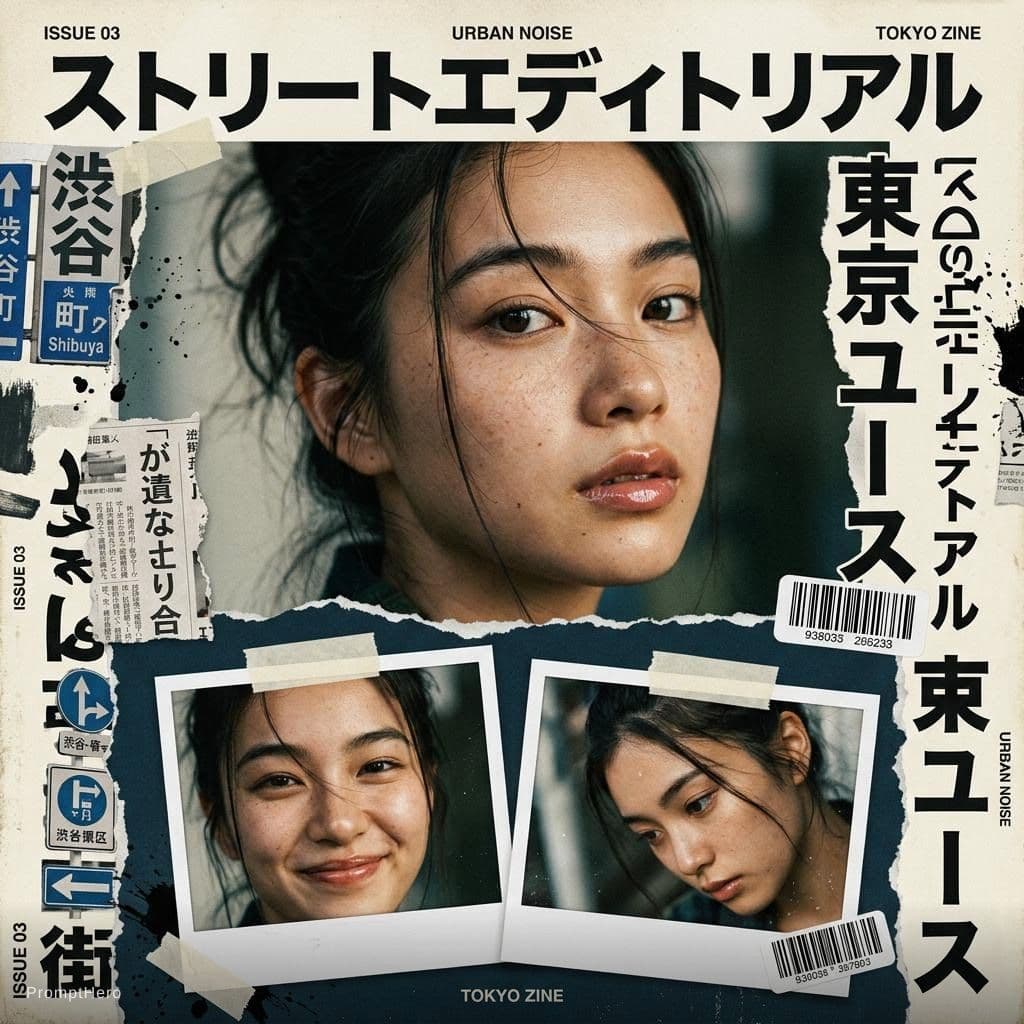 AI generated: Create a bold Y2K Japanese street-editorial collage poster with a clean high-fashion magazine aesthe...