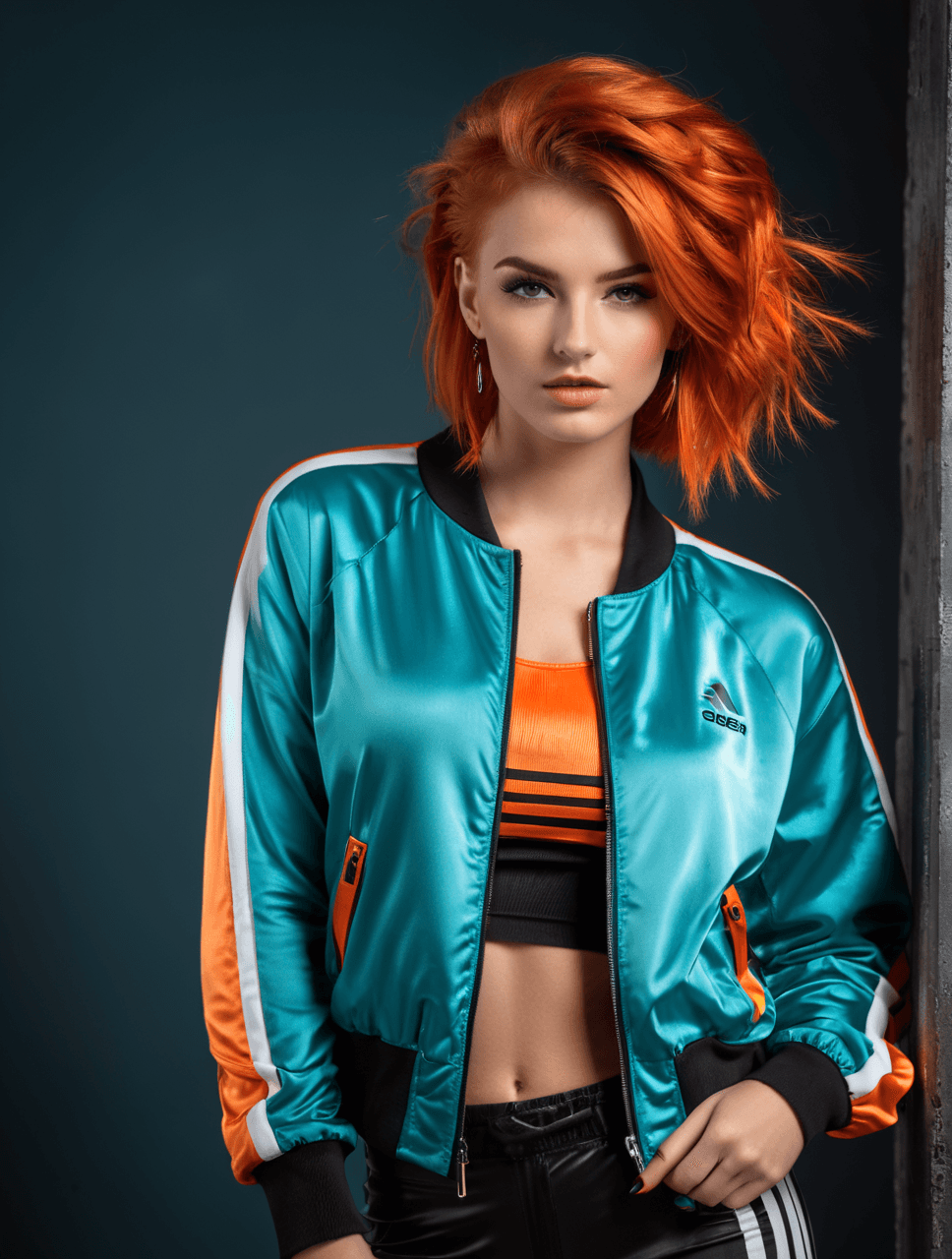 AI generated: (fashion shooting:1.5), full body shot, a beautiful 21 year old red haired german girl with an unusu...