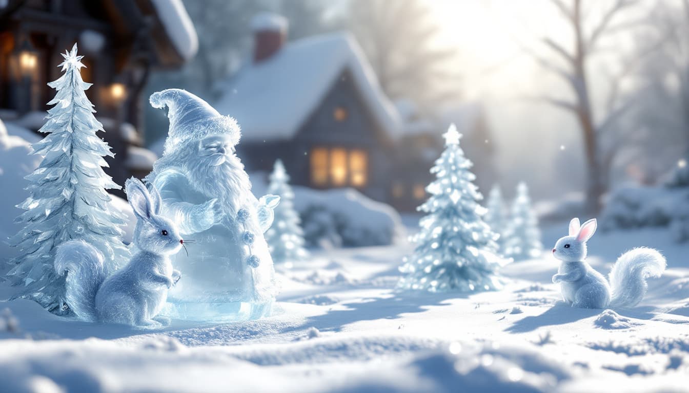 AI generated: 3D render of a photorealistic image of a Victorian era ice town, ice fairy sculptures of Santa, snow...