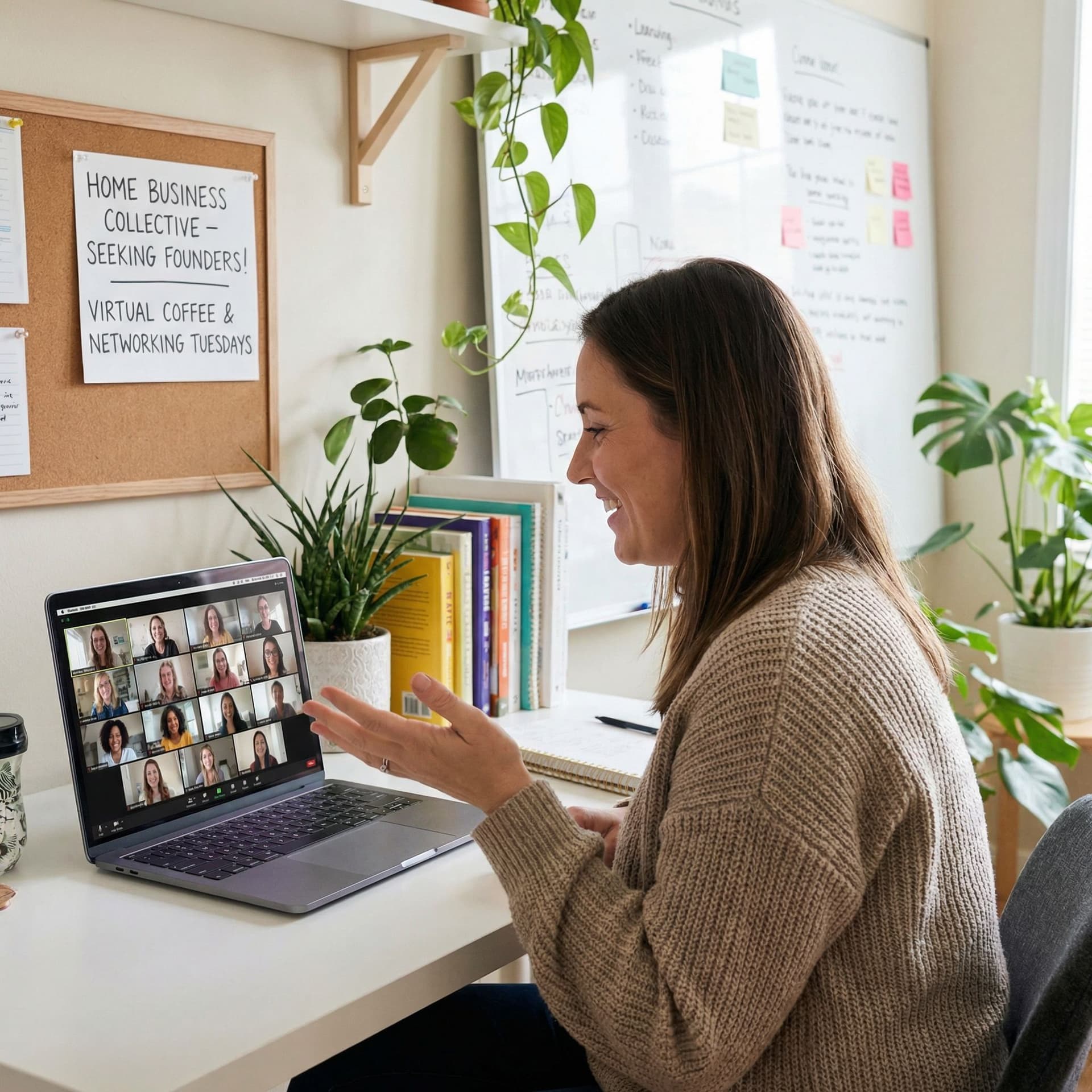 AI generated: Image of a woman seeking to connect with women who want to start a business from home.
