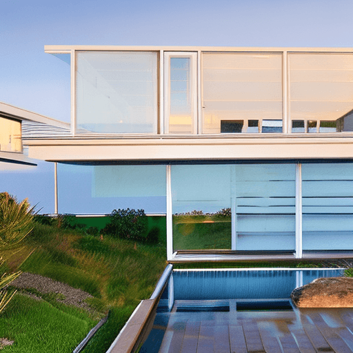 AI generated: Hyper realistic eye level exterior photo of a mid century modern style house overlooking the ocean, ...