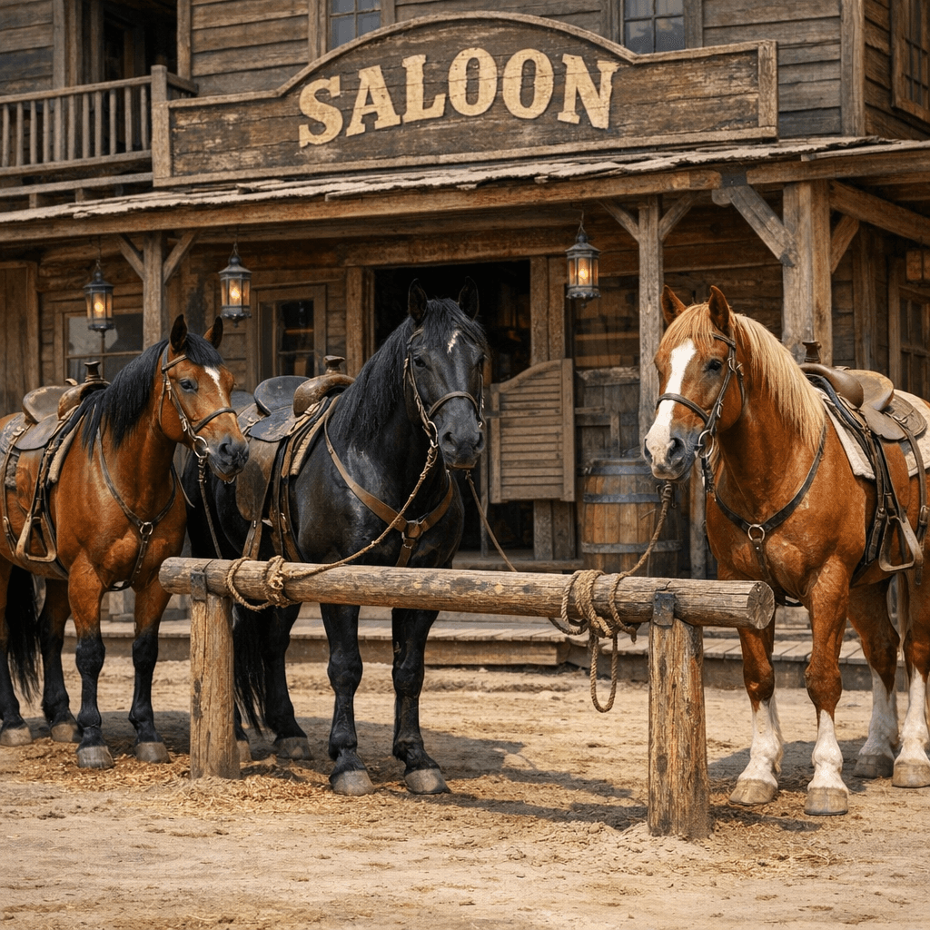 AI generated: Outside an old West saloon, there are three muscular and beautiful saddled horses tied to a hitching...