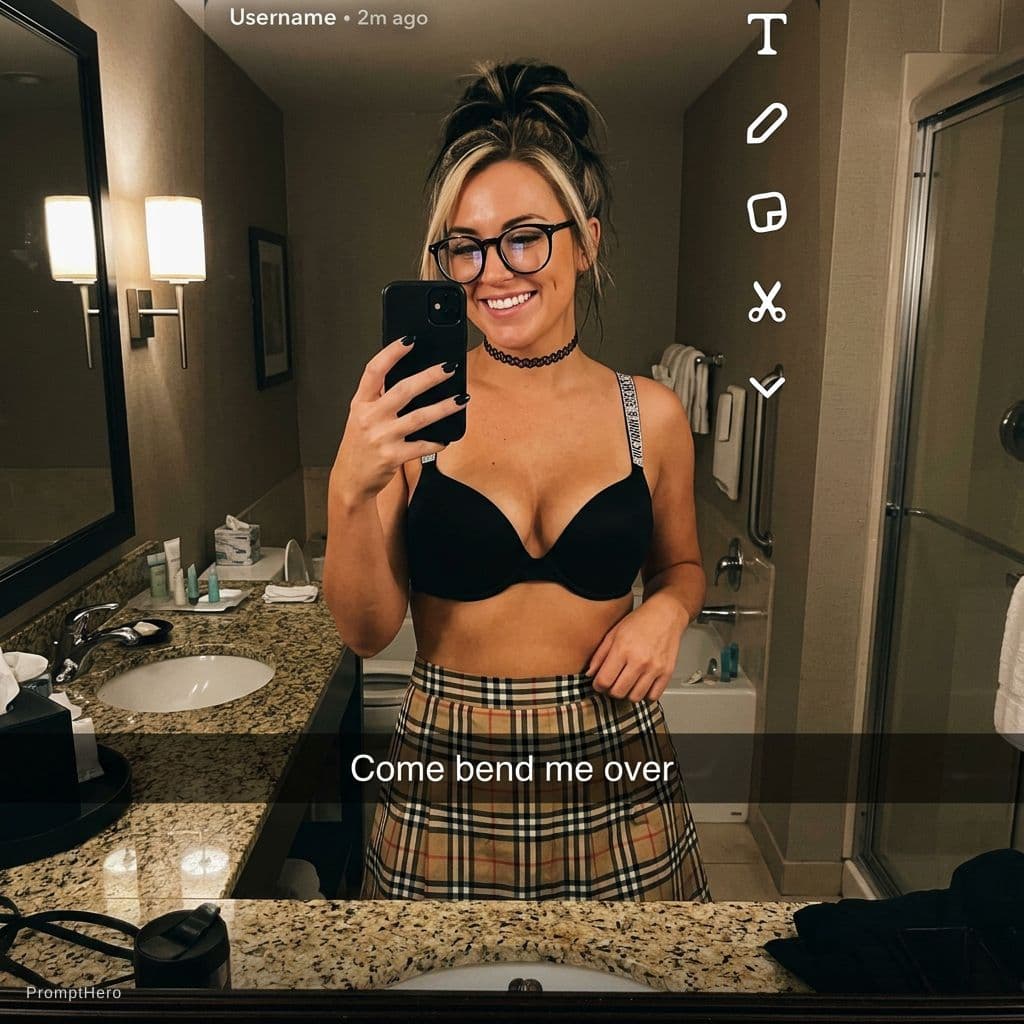 AI generated: {
  "shot_type": "mirror selfie sent via snapchat",
  "snapchat_caption": "Come bend me over",
  "ge...
