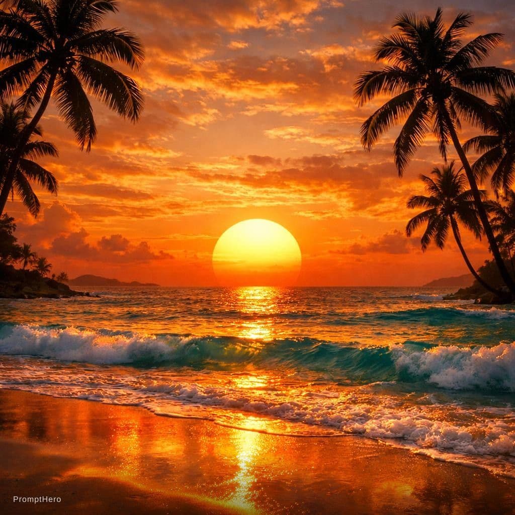 AI generated: A stunning tropical beach at sunset, with the sun seemingly large floating in the ocean, emitting a ...