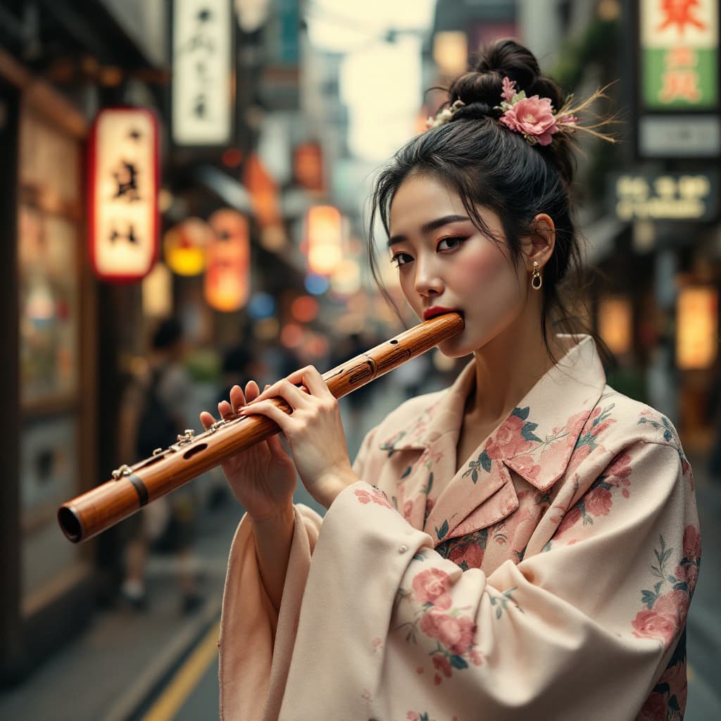 AI generated: Hyperralistic poster of a single peruvian wooden flute, with no humans, in Tokyo. aesthetic merges c...