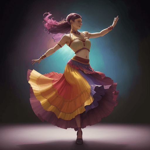 AI generated: a woman in a colorful skirt is dancing, by Chris Rallis, magali villeneuve and monet, rich deep colo...