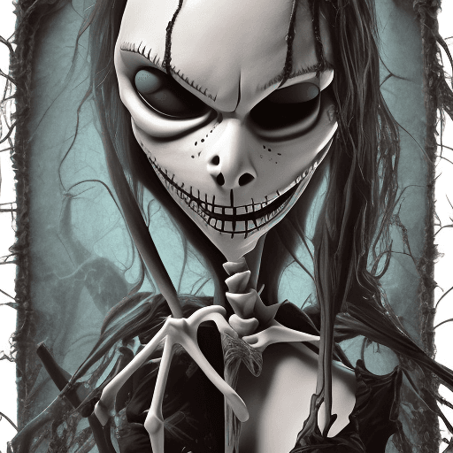 AI generated: jack skellington as a male holding sally, surreal masterpiece of a gothic love, lust, gothic enchant...