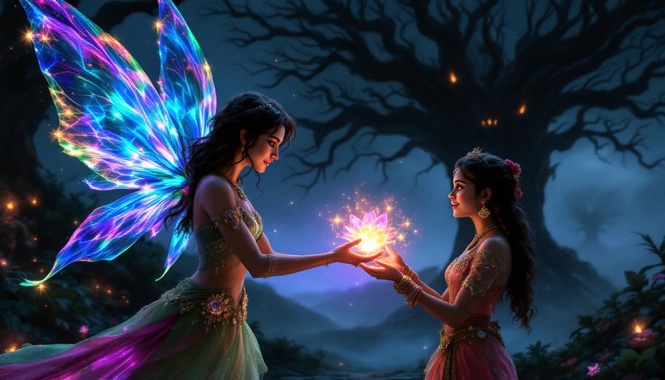 AI generated: "Depict the fairy handing two glowing magical flowers to Rohan and Meera. The flowers radiate colorf...