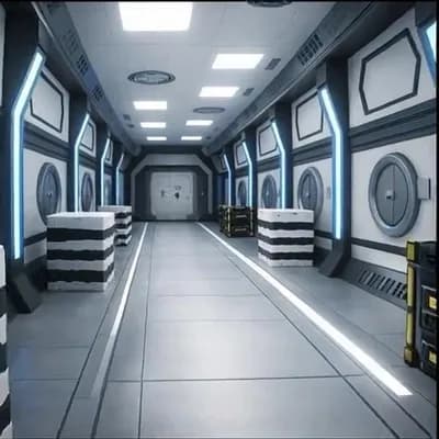 AI generated video: Slow walk to the end of the corridor, looking around. Open the door at the end of the corridor and w...