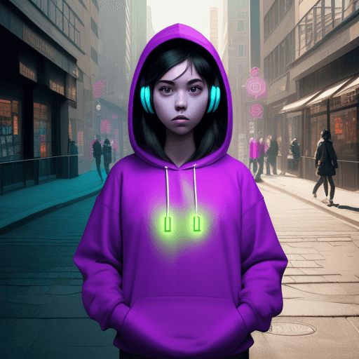 AI generated: masterpiece, girl alone, solo, incredibly absurd, hoodie, headphones, street, outdoor, sunny, neon,
