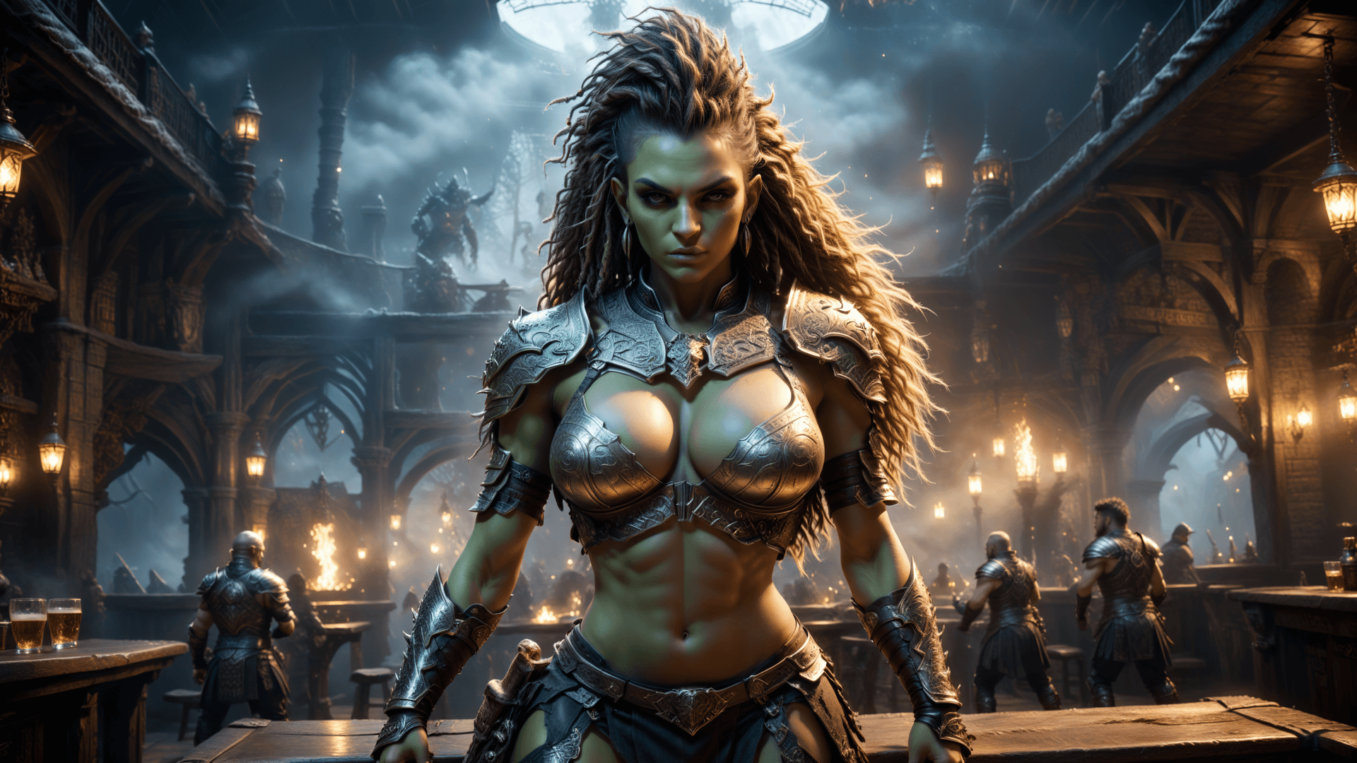 AI generated: visually striking masterpiece depicting a young and gorgeous female orc of impressive nature and a i...