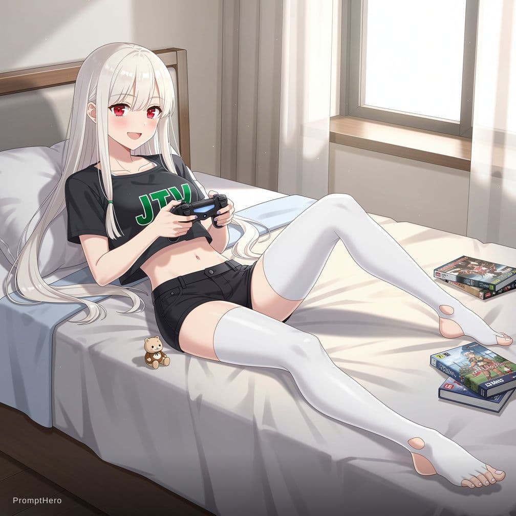 AI generated: Femboi in Anime Style in black Dolphin Shorts and top with a Word in Green letters called ,,JTV,, ha...