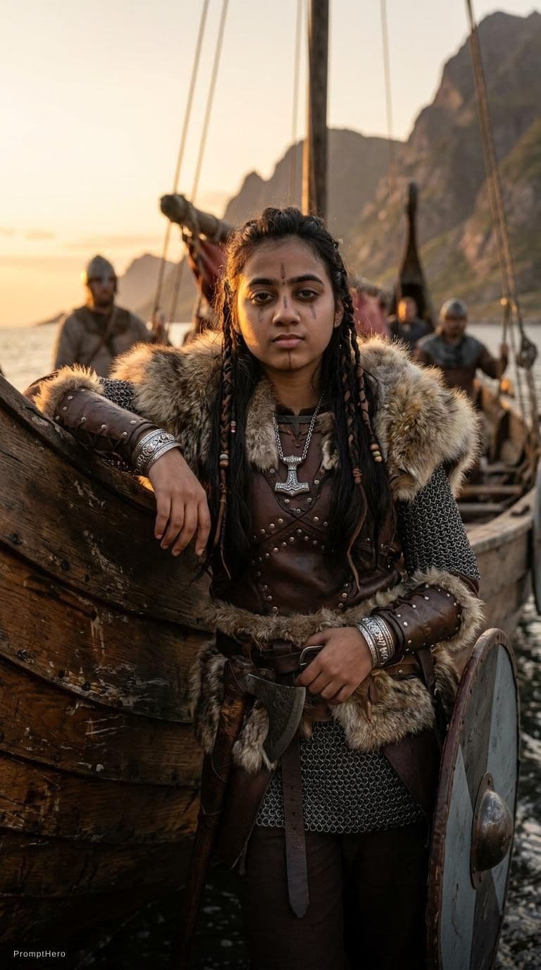 AI generated: a fierce, beautiful, female Viking warrior leaning against the hull of a Viking boat, evening light,...