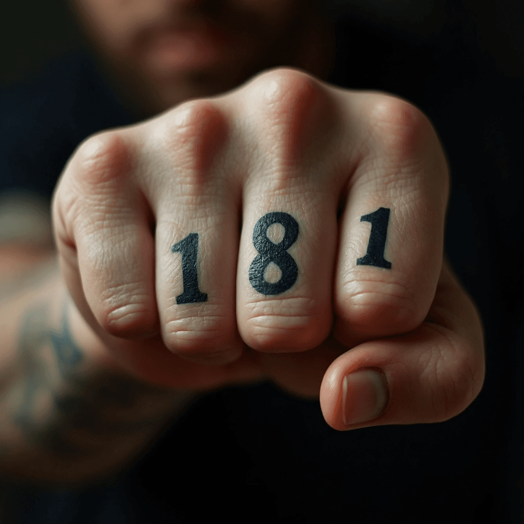 AI generated: a fist hits the viewer in the face, the number 181 is tattooed on the fingers, a close-up of the fis...