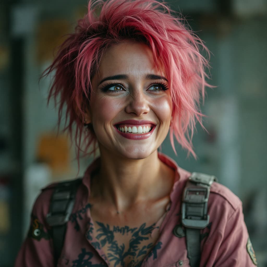 AI generated: A body complete photo  mature woman with punk hair style, wearing pink army sleeves with long neckli...