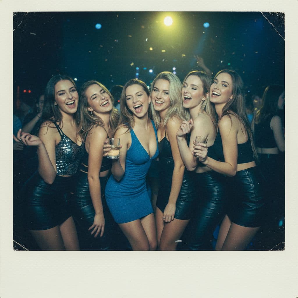 AI generated: Candid 35mm Polaroid of a group of gorgeous girls partying at a dance club. They look like trouble. ...