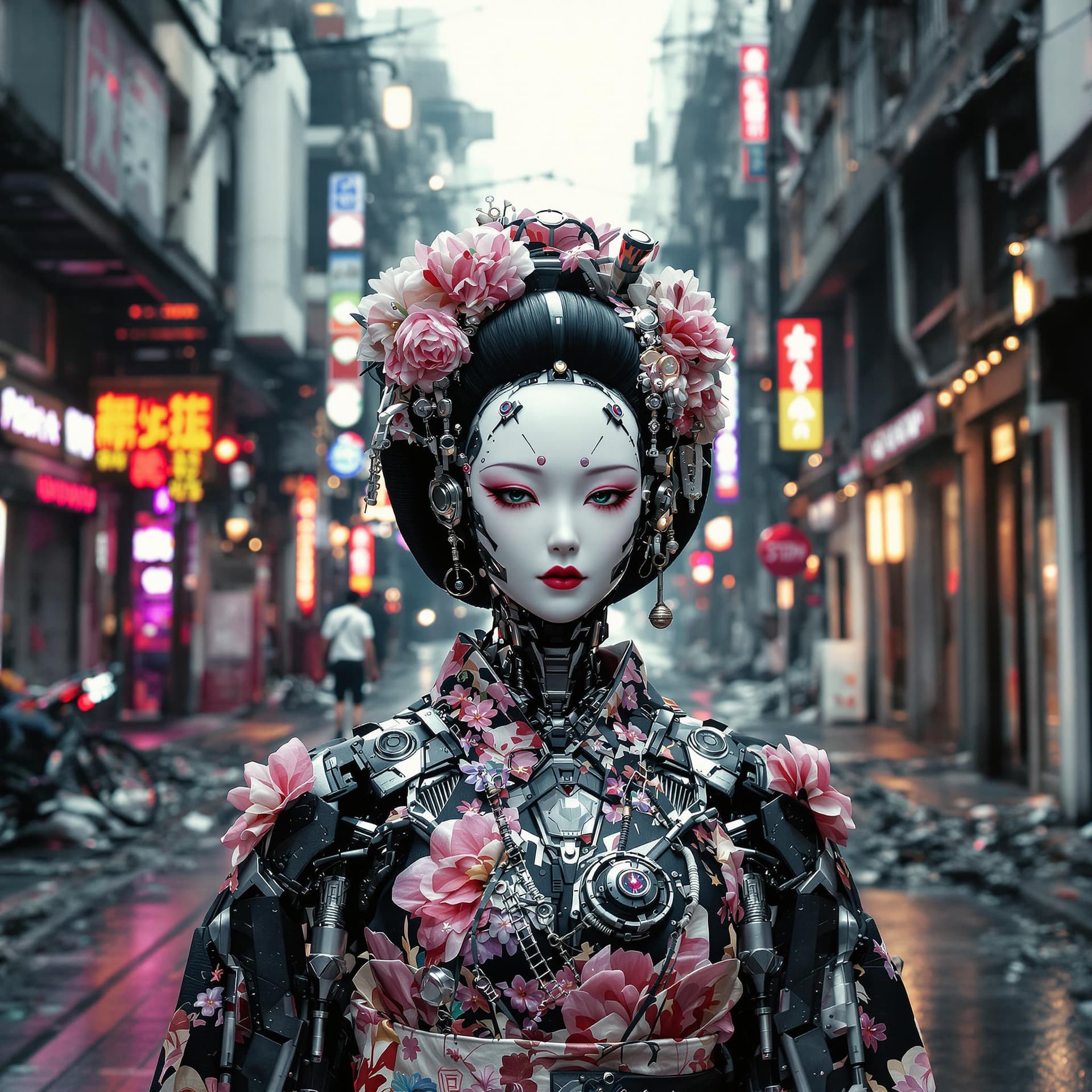 AI generated: High resolutions. Frontal. Hyperdetailed cyborg humanoid robot young geisha in the street of a post-...
