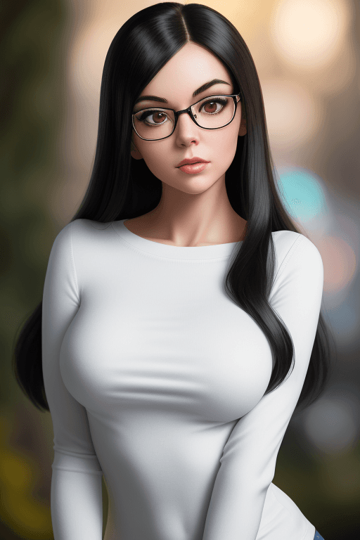 AI generated:  professional portrait, Kind, tender girl , velma from scooby-doo, long black hair, a girl wearing e...
