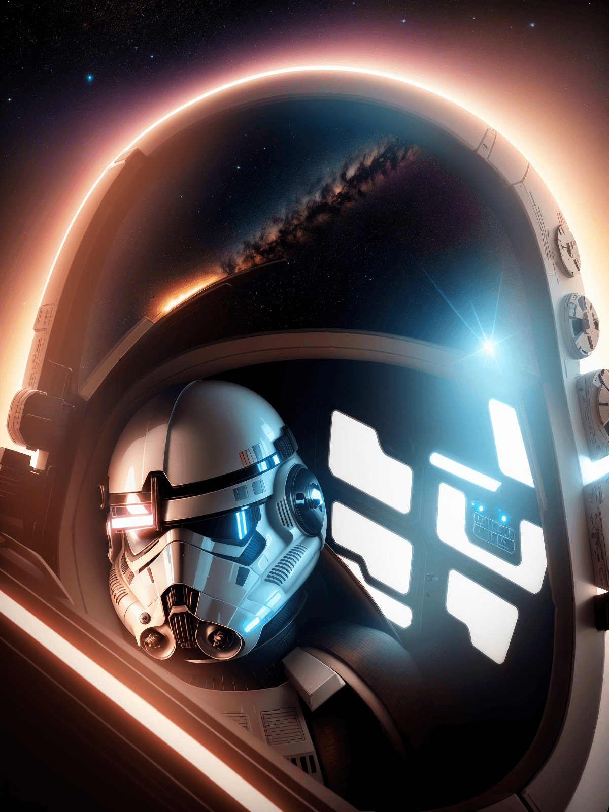 AI generated: Star Wars Stormtrooper in a spaceship traveling at the speed of light in outer space, neon lights re...