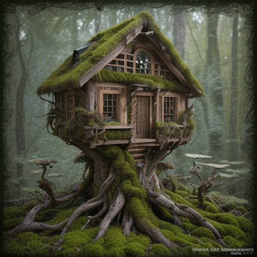 AI generated: (Wooden boards overgrown with moss entwined along the edge of intricate and various leaves and twigs...
