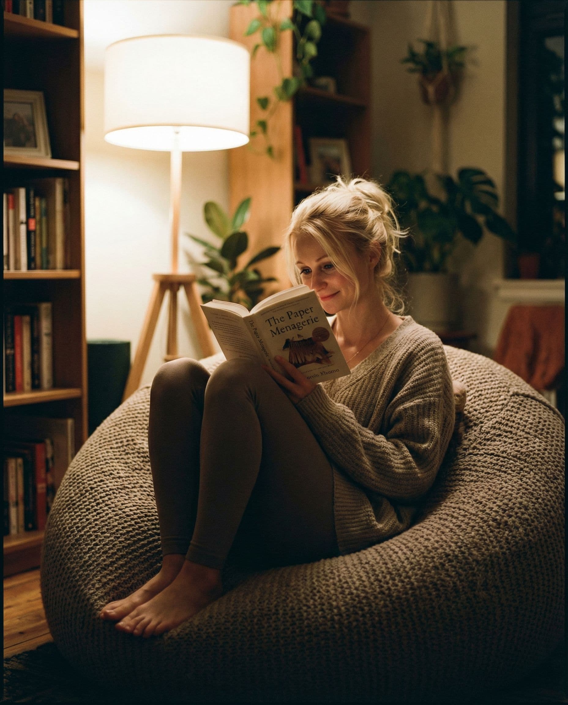 AI generated: Informal portrait, girlfriend in a comfortable living room setting, she's sitting on a beanbag chair...