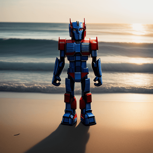 AI generated: baby optimus prime, standing, hold surfboard, beach, morning, light,close up