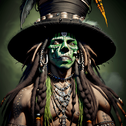 AI generated: male witch doctor, shaded brown skin, long dreadlocks, torn witch doctor clothing, coming out of gre...