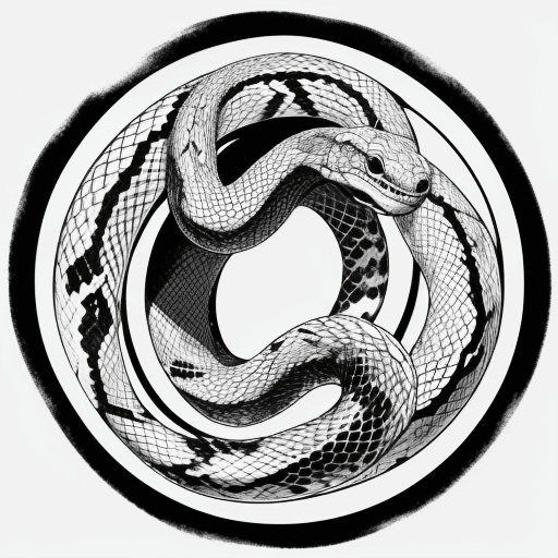 AI generated: uroboro, self-eating snake, circle, black and white engraving, ouroboros, vintage, ink, white backgr...
