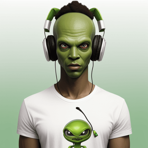 AI generated: realistic image of a green alien wearing a white t-shirt with the word soca on it, the alien has hea...