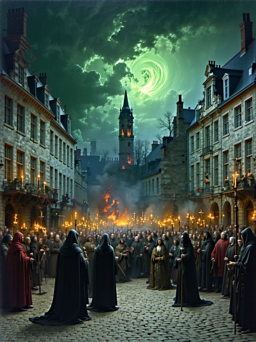 AI generated: 17th-century Dutch town square at twilight, detailed architectural style of Pieter Jansz Saenredam, ...